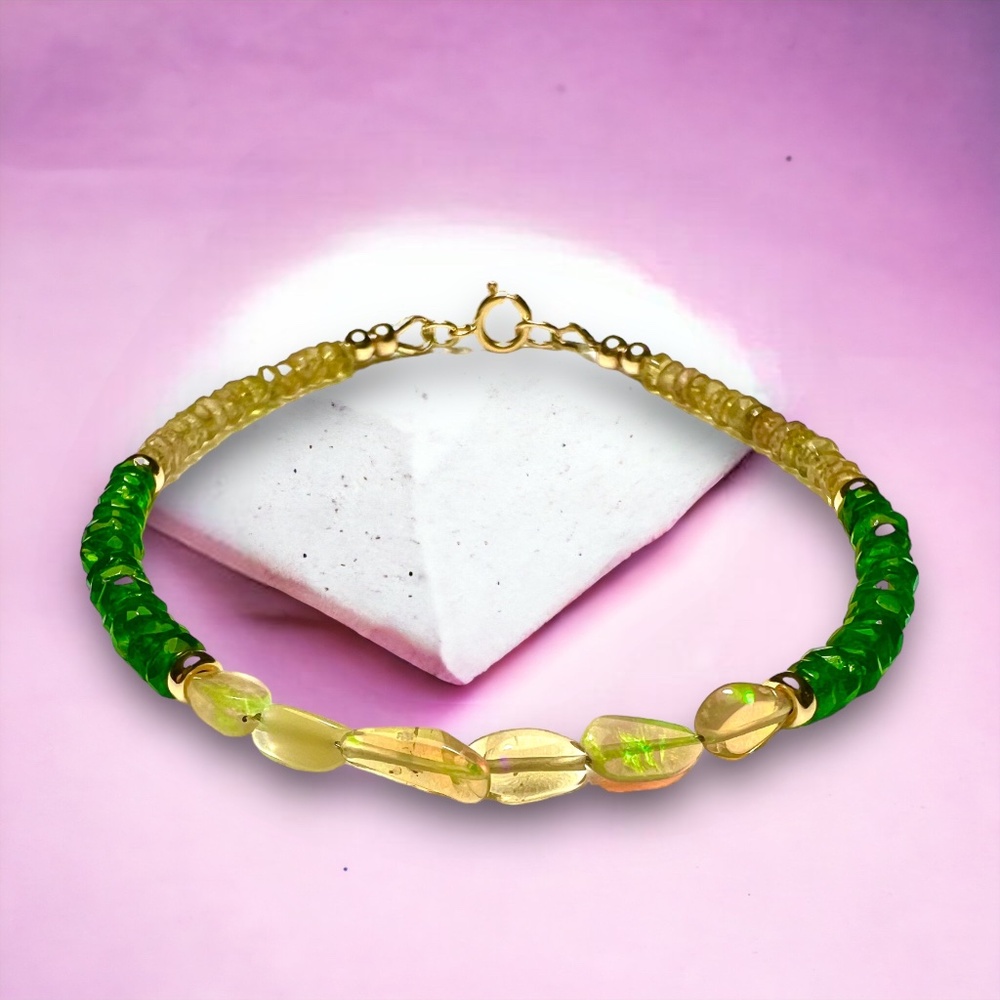 18K Solid Gold Bracelet | 15.5 Carats Natural Welo Opals & Untreated Tourmaline